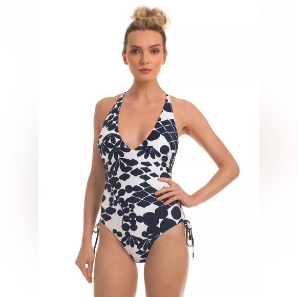 Trina Turk Bali Blossom Midnight Shirred High Leg One Piece Swimsuit - Picture 2 of 7